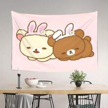 ZLIENSZUS Rilakkuma Large Wall Hanging Tapestry - Cute Cartoon Character With Pink Bunny Ears & White Tails Peach Light  Beige Fabric Horizontal Orientation For Cafe Studio Or Lounge Decor - No Electricity Needed Cafe Wall Art | Playful  Design | Durable Wall Hanging Kawaii Room Decor - Nhiều màu - Xem 6