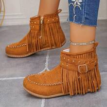 Fall/Winter Women's Round Toe Fringe Studs Side Zipper Flat Fashion Boots,Boots For Women,Western Style - màu nâu - Xem 2