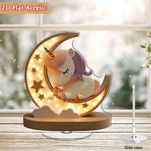 1个2D旋转亚克力独角兽夜灯 - 可爱的睡眠独角兽，月亮和星星图案，可作卧室、客厅、厨房、浴室的桌面装饰，无需电池 - 彩色 - 查看 1