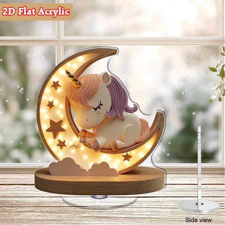 1个2D旋转亚克力独角兽夜灯 - 可爱的睡眠独角兽，月亮和星星图案，可作卧室、客厅、厨房、浴室的桌面装饰，无需电池 - 彩色 - 查看 1