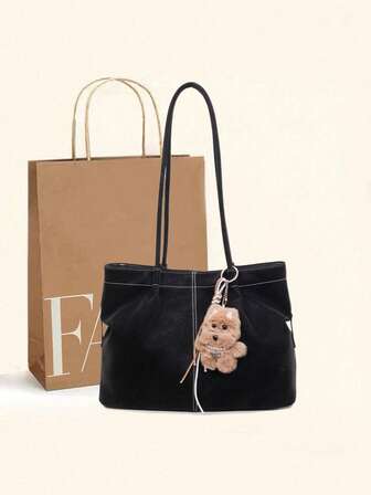 Women's Tote Bag With Cute Pendant, Vintage Fashion Large Capacity PU Leather Shoulder Bag, Minimalist Casual Versatile Hobo Bag Suitable For Daily Commute, Business, Shopping, Dating, School, College