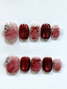10片/套 新年酒红色扎染猫眼3D蝴蝶结闪亮水钻短款假指甲美甲用品（1片果冻贴纸+1片指甲锉） - 酒紅色 - 查看 4