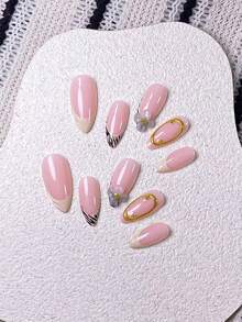 10片手工制作杏仁形乳白色斑马纹法式雕花美甲贴纸，饰以手工3D五瓣花和手绘斑马纹法式图案，并以3D金色圆圈和线条点缀。 - 彩色 - 查看 6