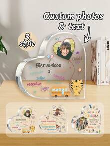 1pc Custom 2D Flat Acrylic Heart Collectible Figurines Back To School - Custom Name + Photo - Gift For Teachers Or, Teacher Day Gift Item, Teacher Appreciation Gift, Back To School - Heart-Shaped Acrylic Plaque With Personalized Name And Photo - Multicolor - View 1