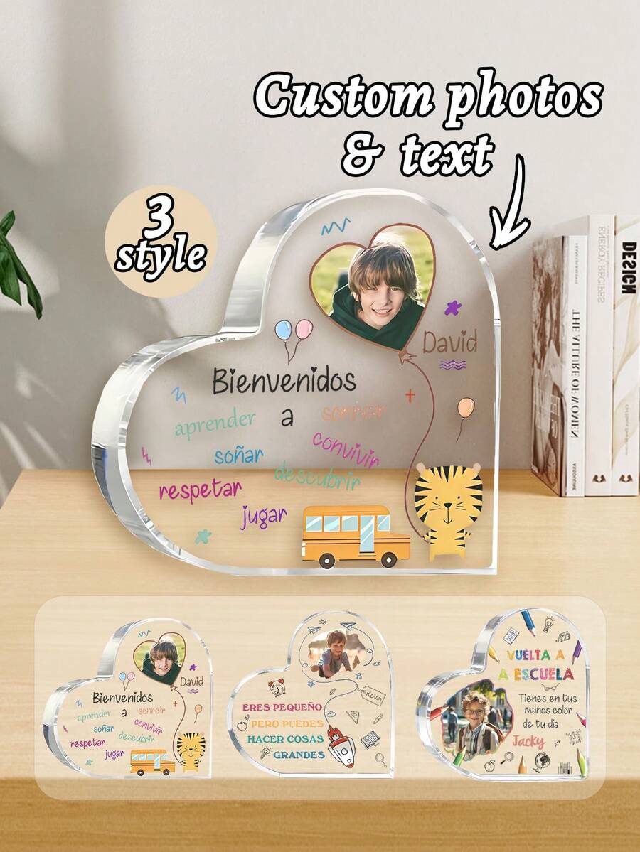 1pc Custom 2D Flat Acrylic Heart Collectible Figurines Back To School - Custom Name + Photo - Gift For Teachers Or, Teacher Day Gift Item, Teacher Appreciation Gift, Back To School - Heart-Shaped Acrylic Plaque With Personalized Name And Photo - Multicolor - View 1