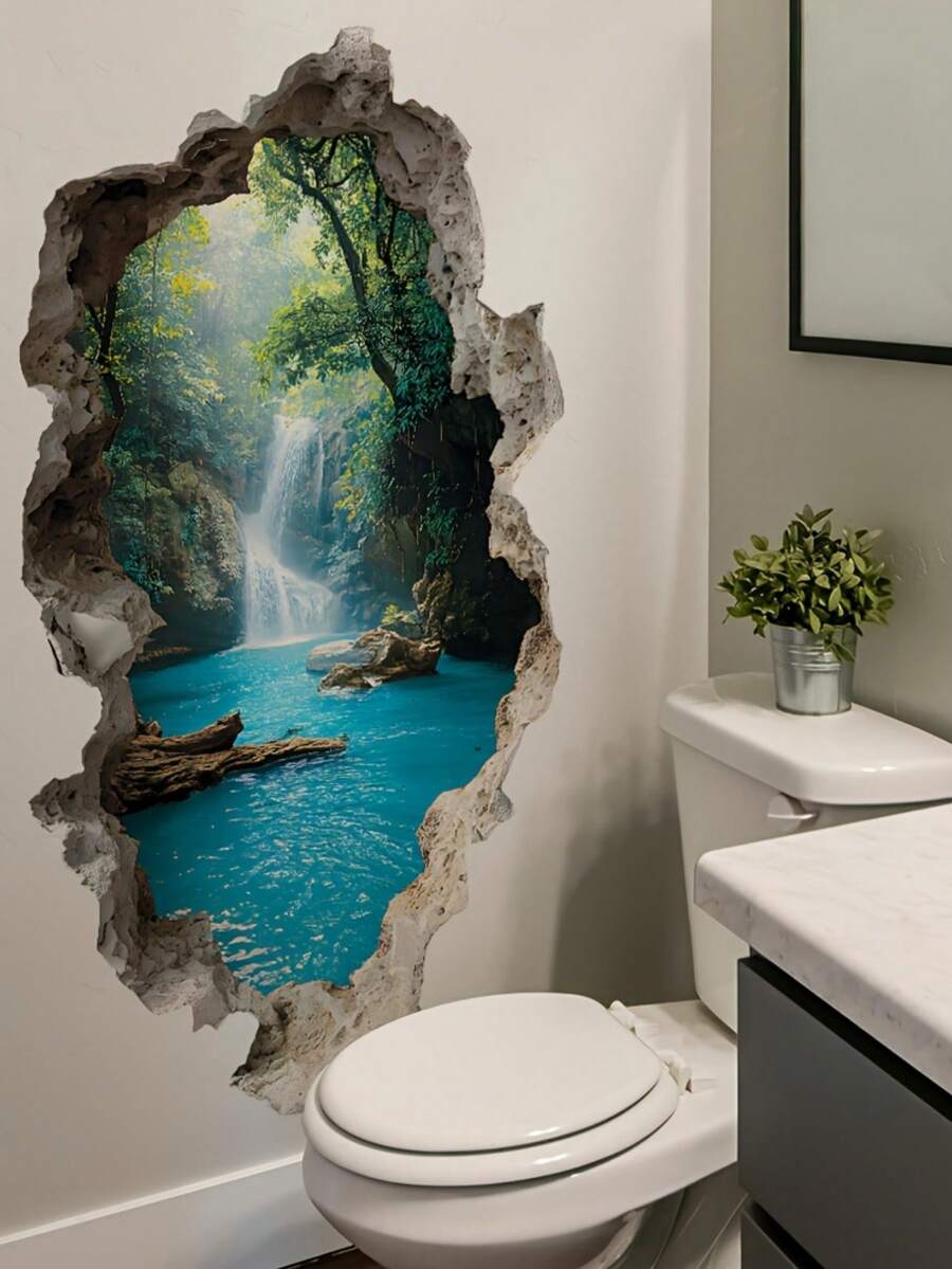 1pc Creative Distressed Valley Waterfall Landscape Wall Sticker - Removable Glossy Plastic Sticker, Suitable For Classrooms, Bedrooms, Offices, Living Room Decoration - Multi-Surface Home And Commercial Wall Art, Landscape Murals, Classroom Decoration. - Multicolor - View 1