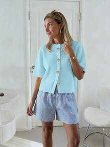 Spring/Summer Women's Fashion French Soft Wax Texture High-End Loose Knit Cardigan, Women's Cropped Relaxed Sweater Top - Baby Blue - View 3