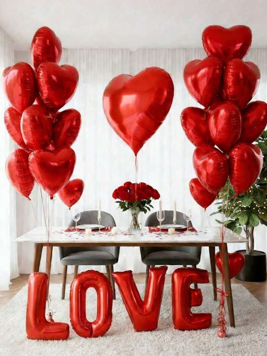 21pcs/Set Valentine's Day Party Decoration Balloon Set, 16-Inch Red Letter Foil Balloon "LOVE", 32-Inch And 18-Inch Red Heart Shaped Foil Balloons, Suitable For Room Romantic Decoration Props, Confession, Proposal, Anniversary, Wife's Birthday Party Decorations - Red - View 1