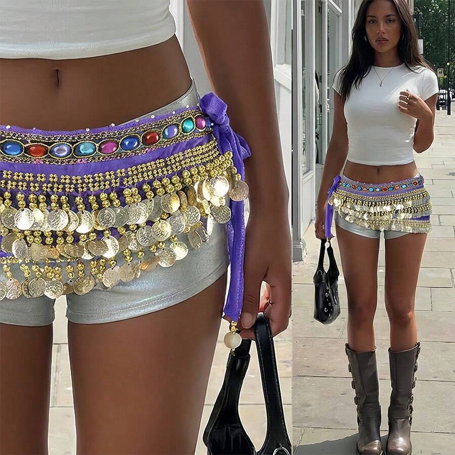 1pc Outfits Belly Dance Glitter Sequins Tassel Skirts, Fashionable Dancing Waist Belt Skirts For Belly Dance