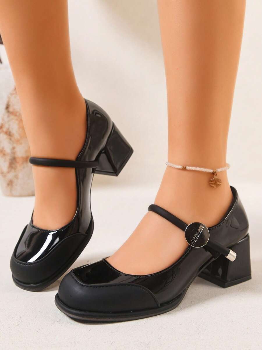 Women's Mary Jane Platform High Heels, Fashion Wedding Party Patent Leather Chunky Heel Round Toe Pumps, Black, Apricot, White - Black - View 1