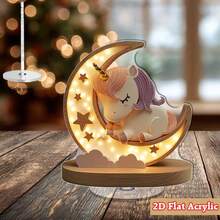 1个2D旋转亚克力独角兽夜灯 - 可爱的睡眠独角兽，月亮和星星图案，可作卧室、客厅、厨房、浴室的桌面装饰，无需电池 - 彩色 - 查看 4