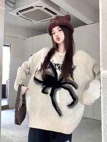 Spider Letter Pattern Loose Fit Crew Neck Long Sleeve Sweater, Autumn/Winter