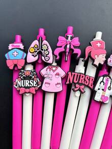 5/10支装粉色系列护士笔，护士主题按动式圆珠笔，适合作为医生、护士、医务助理和学生礼物，护士节礼物，医用笔套装，随机款式 - 黑色 - 查看 5