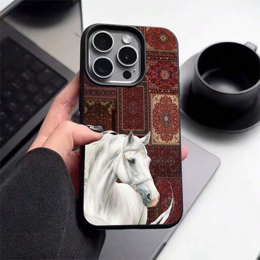 1个复古优雅白马图案TPU手机壳,兼容 17 Pro Max/17/16 Pro Max/15/13/12/11、S20 FE/A15/S24/A55、Redmi Note 11/12/13 Pro,全包防震软保护套 - 黑色 - 查看 1