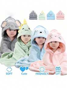 مجموعة روب حمام مع قبعة للأطفال 1 قطعة/2 قطعة، وشاح للأطفال بنمط حيواني مناسب للجنسين، مستلزمات حمام أطفال من الفليس المرجاني الناعم بتصميم كرتوني، مناسب لجميع الفصول - 80*80 سم - مشاهدة 1