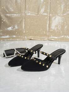 通勤个性黑色高跟尖头铆钉设计时尚优雅女士鞋，适合工作场所、街头、轻度派对等场合，舒适独特。 - 黑色 - 查看 5