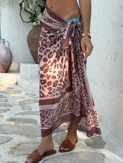 1 Piece Leopard Print Elastic Mesh Sarong, Trending Beach Cover Up For Women, Stylish Wrap Skirt With Tie Detail For Vacation & Beachwear