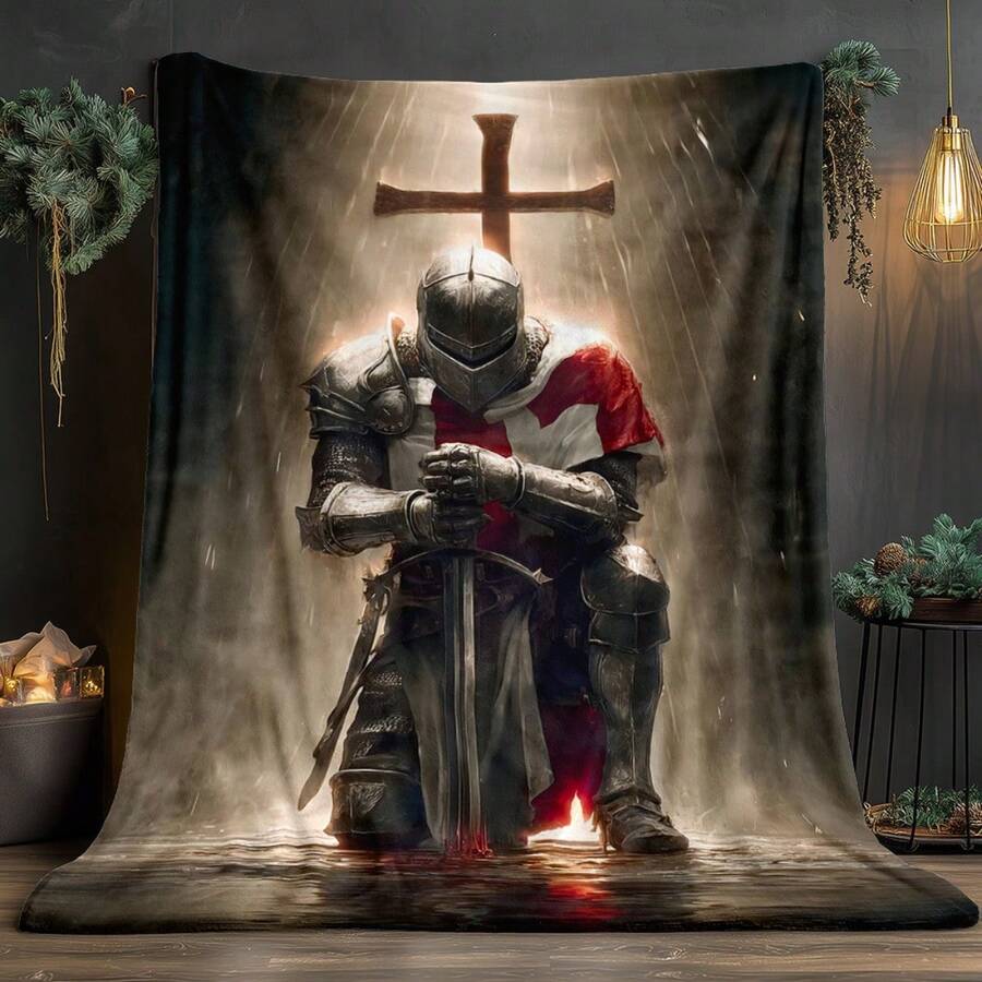 1 Piece Medieval Blanket - Medieval Castle Decoration, One-Knee-Knocking Pattern - Soft Flannel Bedspread - 280g Lightweight All-Season Sofa, Bed, Camping, Office Throw Blanket - History And Fantasy Enthusiasts - Dark Tone Home Decor (Brown//Black/White/Beige) - Digital Printed Fleece Fabric With And Shield Design - Suitable Living Room And Travel Use