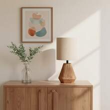 KUNJOULAM Rattan Table Lamp, Small Nightstand Lamp With Linen Fabric Lampshade, Desk Lamp For Living Room Home Office - View 1