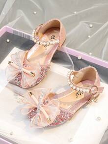 1 Pair Fashionable & Elegant Girls Princess Bow Rhinestone Summer Sandals, Casual Versatile Flat Slip-On Beach Shoes, Suitable For Toddler, Little & Big Kids - Pink - View 4