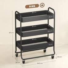 Kitchen Trolley, 3 Baskets, 4 Wheels, Metal, Black
