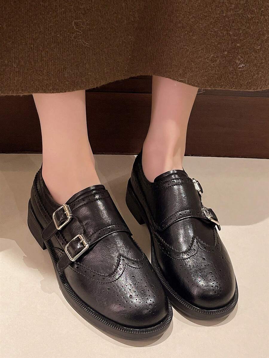 2026春季新款搭扣雕花布洛克乐福鞋软底平底学生鞋休闲英伦风女鞋 - 黑色 - 查看 1