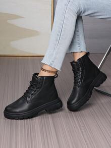 2026 New Stylish Lace-Up Boots, Women's British Style Black Thick-Soled Ankle Boots, Simple Versatile Commuting Skinny Boots, Comfortable Non-Slip Work Boots - Black - View 3