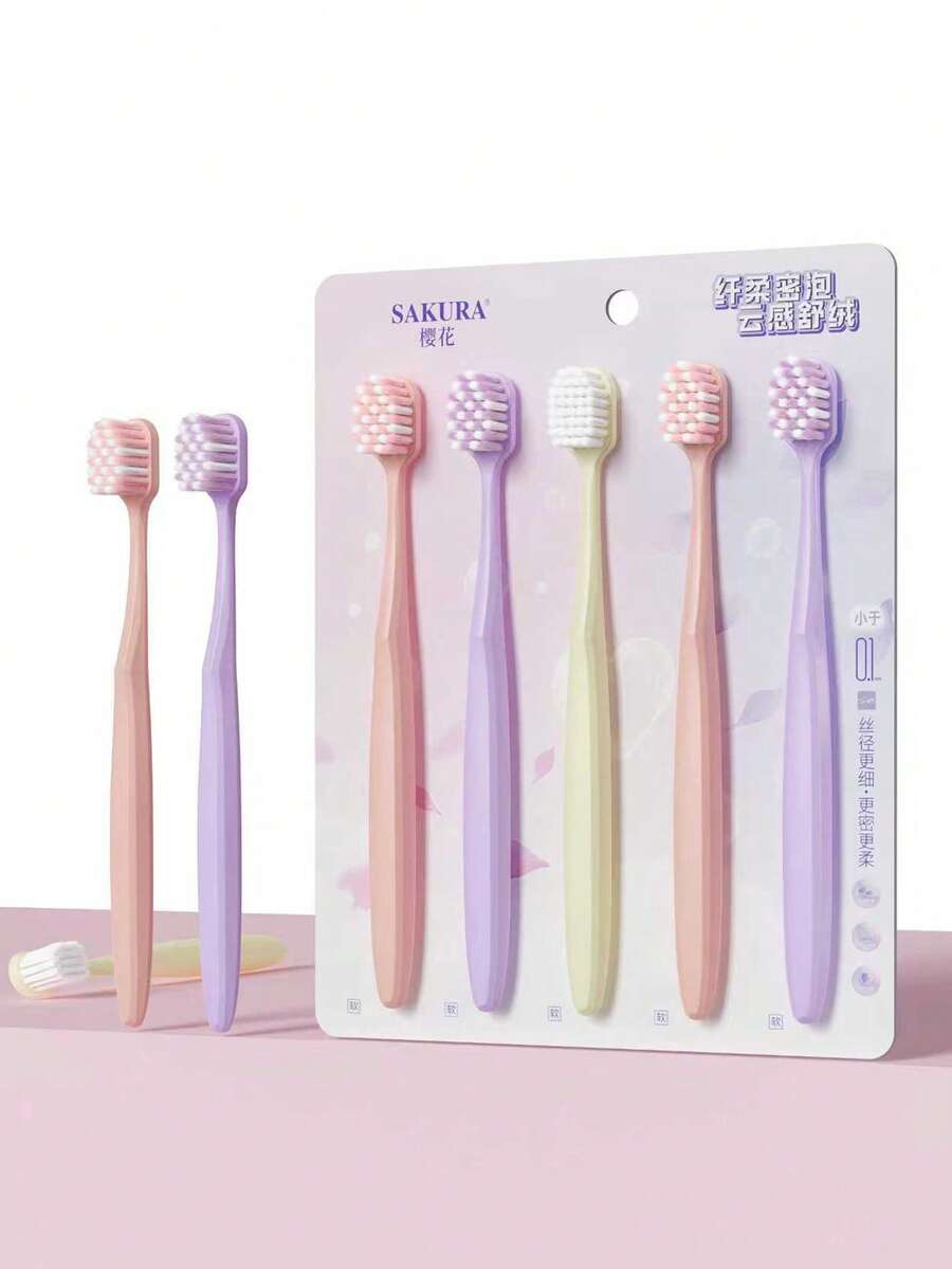 5pcs Ultra-Soft Plush Cloud-Like High Quality Adult Family Couple Sakura Toothbrushes - Multicolor - View 1