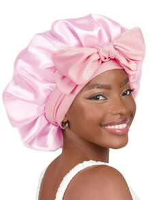 1 pièce Bonnet de nuit élastique léger en satin avec nœud papillon, bonnet de douche de couleur unie pour femmes et filles, noir, chapeau de sommeil en soie - Prune - Voir 10