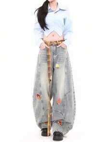 Cartoon Embroidered Plaid Belt Jeans, New Design Barrel Leg Jeans (With Belt) - Light Wash - View 7