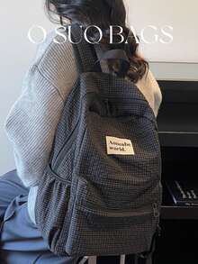 Large Capacity Fashionable Plaid Multi-Pocket Nylon Casual Backpack, Waterproof Lightweight Foldable Patch Letter Travel Bag, Summer - Black - View 4