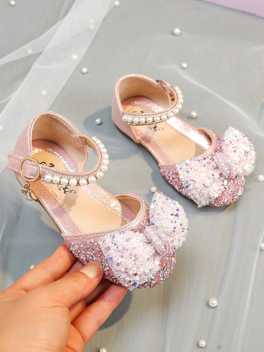 1 Pair Girls' Sweet Princess Bow Rhinestone Summer Sandals, Casual Versatile Flat Slide Sandals, Suitable For Toddler, Little, And Big Kids - Pink - View 1