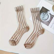 1 Pair Striped Sheer Glass Silk Stockings, Thin Breathable Mid-Calf Socks, Women's Long Socks, Spring/Summer - Multicolor - View 7