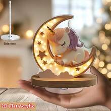1个2D旋转亚克力独角兽夜灯 - 可爱的睡眠独角兽，月亮和星星图案，可作卧室、客厅、厨房、浴室的桌面装饰，无需电池 - 彩色 - 查看 3
