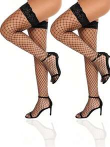 1/3 Pairs Women's Plus Size Sexy Thigh High Stockings, Lace Hollow Mesh Fishnet Over-The-Knee Socks, Fashion Knee-High Stockings, Suitable For Holidays, Halloween, Carnival, Christmas Outfits - Multicolor - View 10