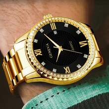 奢华全镶钻石英表，带月相显示和计时功能，节日送礼佳品 - 金色 - 查看 4