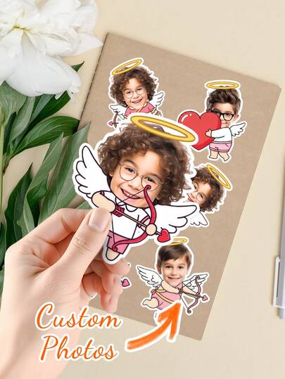 6pcs/12pcs/24pc Personalized Customizable Cupid Valentine Days Stickers| Custom Your Own Face Photo Template,Suitable For Weddings, Birthdays, Parties, Christmas,For Packaging, Crafts, Water Bottles, Laptops, Labels