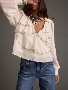 Áo kiểu tay dài cổ chữ V bèo nhún, màu trơn, đính hạt ngọc trai giả, phong cách thường ngày, thích hợp cho mùa xuân. - Ngà voi - Xem 12