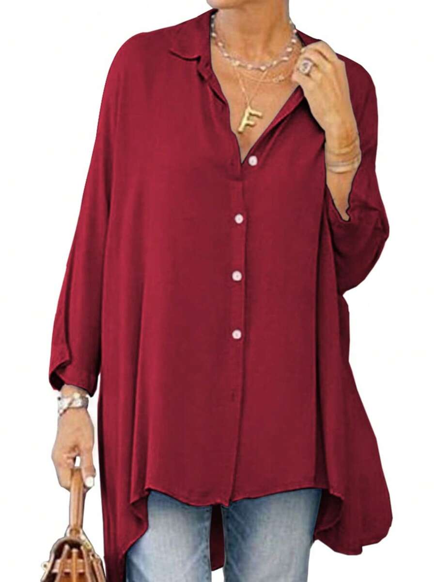 Womens Oversized Long Sleeve Button Down Shirt V Neck Collar Loose Flowy Blouse Top - 酒紅色 - 查看 1