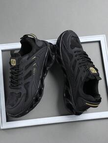 男士厚底厚底运动鞋，黑色皮革鞋面增高鞋，休闲系带厚底鞋，未来主义机械设计，透气舒适，小众时尚街头服饰 - 黑色 - 查看 4