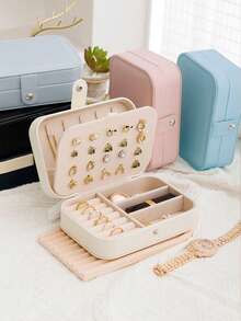 1个首饰收纳盒，PU皮革首饰展示盒，双层防水首饰整理盒，优雅首饰盒，可收纳耳环、戒指、项链、手镯，精美化妆包，情人节、伴娘、母亲节首饰礼盒 - 彩色 - 查看 2