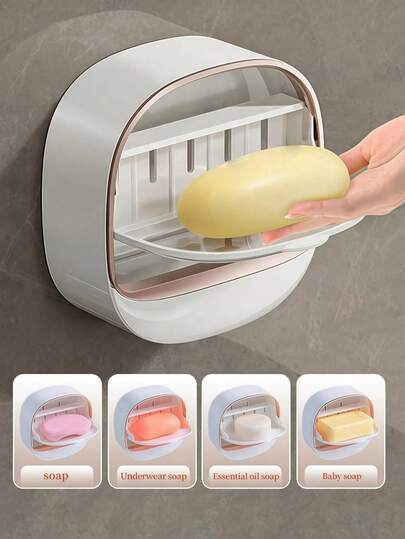 Wall-Mounted Soap Dish With Drain, Bathroom Soap Box Storage Box, Travel Storage Box, Storage Box, Wall-Mounted PP Soap Dish, Bathroom Drain Soap Dish With Cover, Waterproof Soap Dish, Tableware Storage Box, Travel Storage Box, Storage Box. Double-Layer Soap Rack With Adhesive Strip, Soap Rack With Drain Tray, With Drain Function.