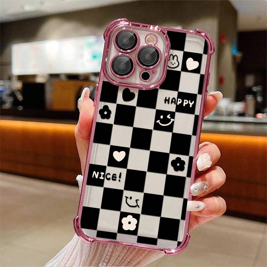 1pcs Black and White Checkerboard Heart Flower Phone Case Compatible with Apple Phone17ProMax 16 15 14Plus 11 12 13 ProMax Antidrop Phone Case Camera Protection Phone Case Funky Girlish Style Popular Cute Funny Can Be Given To Friends Can Be Given To A Lover - Rosa - Ver 1