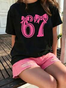 少女数字蝴蝶结印花圆领休闲短袖T恤 - 黑色 - 查看 1