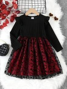 情人节女童磨毛罗纹短袖圆领长袖植绒爱心网纱连衣裙 - 黑色 - 查看 1