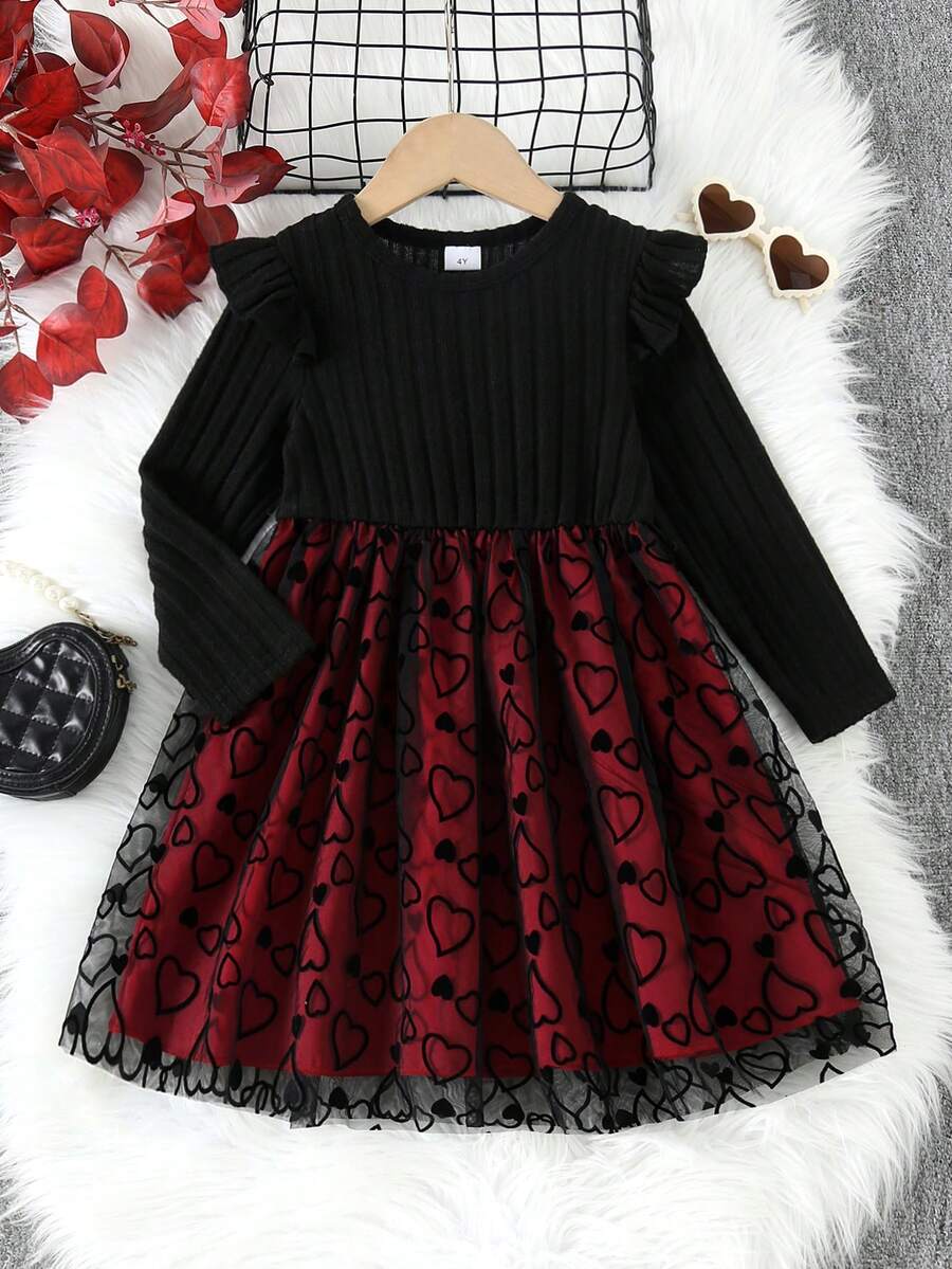 情人节女童磨毛罗纹短袖圆领长袖植绒爱心网纱连衣裙 - 黑色 - 查看 1