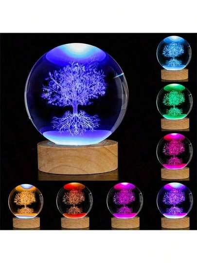 3D Laser Engraved Tree Of Life Crystal Ball Night Light With Wooden LED Base, Color Changing RGB Clear Glass Sphere Lamp, Aesthetic Desk Decor, Healing Meditation Ornament, Birthday Christmas New Year Gift For Home Bedroom Tabletop Decor