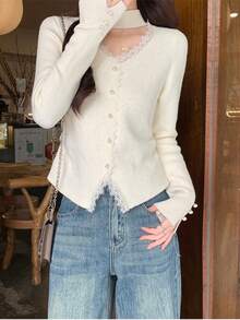 2026 Women's Lace Patchwork V-Neck Long Sleeve Knitted Sweater, Hollow Out Design, Cropped Pullover Top, Spring - Apricot - View 7