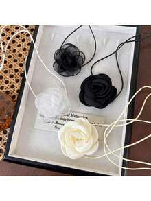1 件女士玫瑰花项链，黑色花朵颈链，山茶花蜡绳颈链 - 花朵頸鍊 - 查看 12