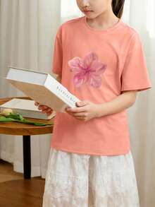 Camiseta de manga corta con cuello redondo y estampado naranja informal para niñas, top de verano para adolescentes/estudiantes - Naranja - Ver 2